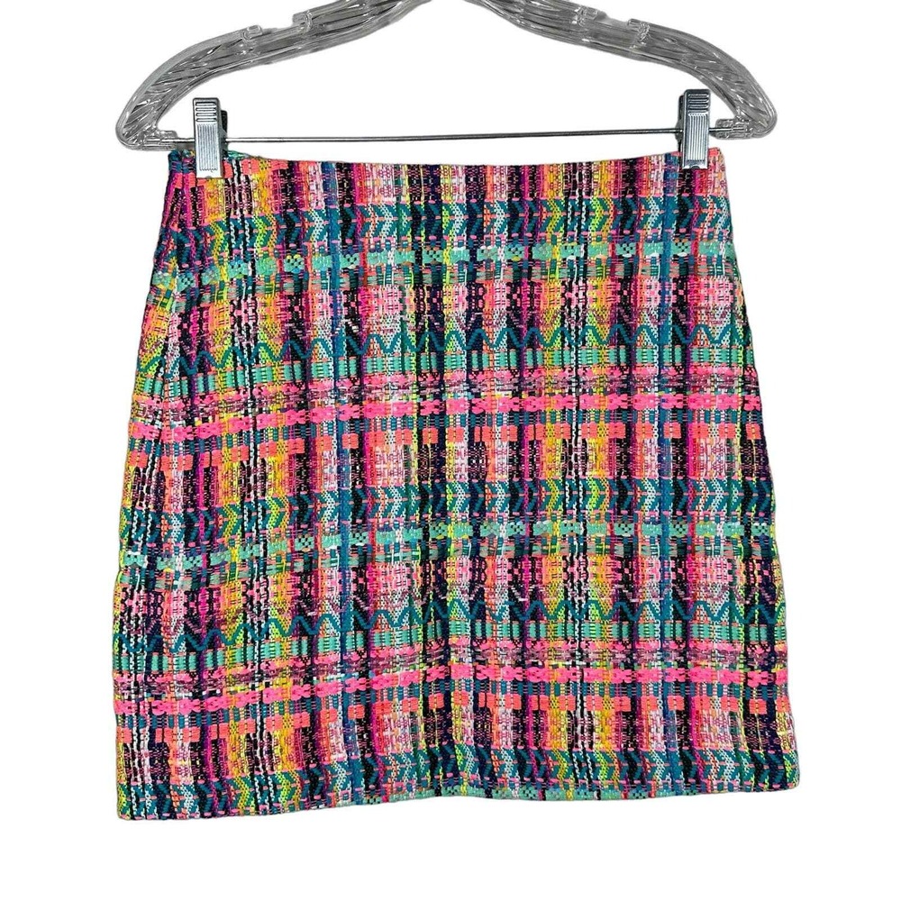 Marcs Size 6 Mini Skirt Multi-Color N/A Bouclé Tweed Neon Geometric A-Line Zip